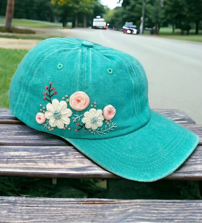 Load image into Gallery viewer, Aqua Floral Embroidery Hat
