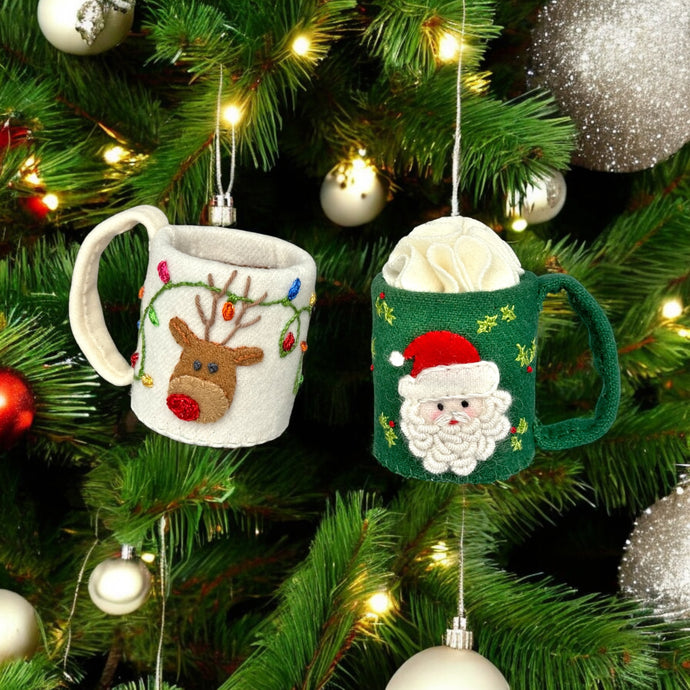 Hot Cocoa Mug Ornaments: Reindeer and Santa