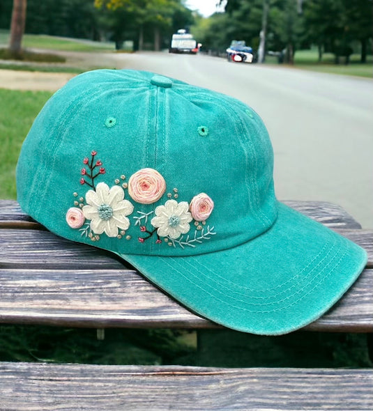 Aqua Floral Embroidery Hat