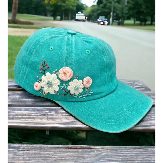 Aqua Floral Embroidery Hat