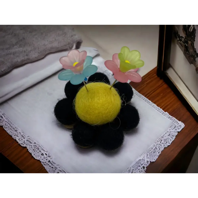 Load image into Gallery viewer, Flower Pincushion - Yellow/black
