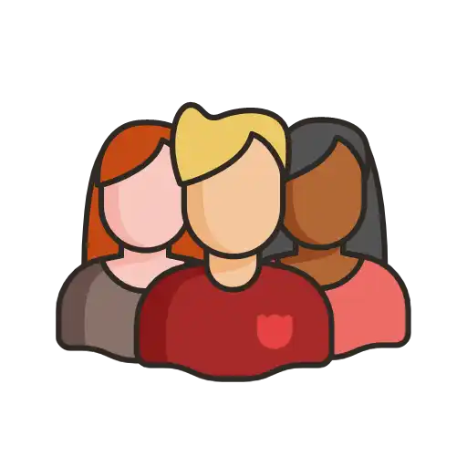 A group of three stylized people with varied skin tones and hair colors.